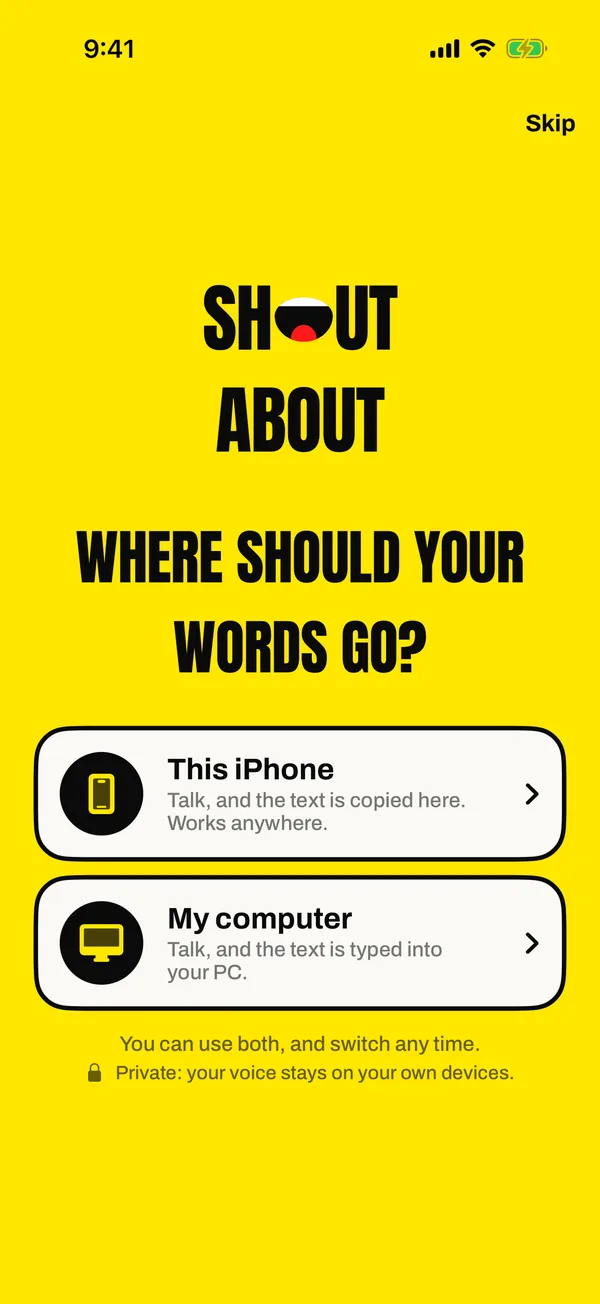 The ShoutAbout iPhone app asks: Where should your words go? This iPhone, or My computer.